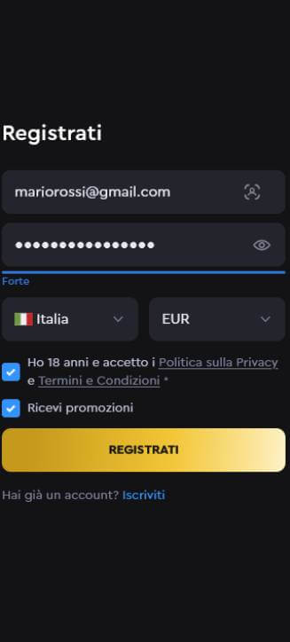 Processo di registrazione di RockWin su smartphone Processo di registrazione di RockWin su smartphone