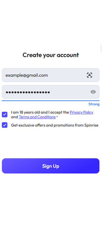 Processo di registrazione di Spinrise su smartphone Processo di registrazione di Spinrise su smartphone
